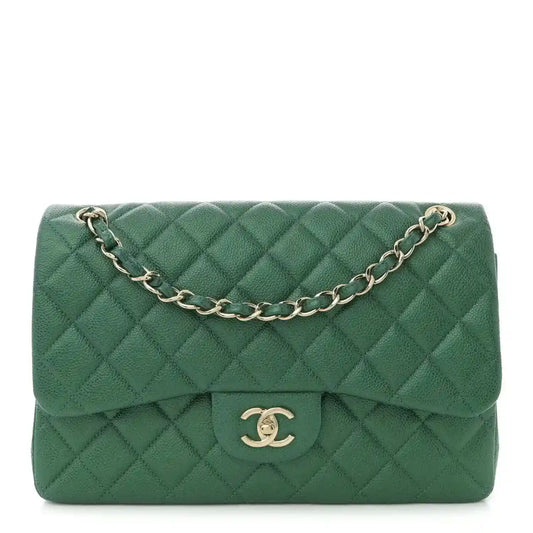 Green quilted leather double flap bag with gold-tone chain strap and CC logo.