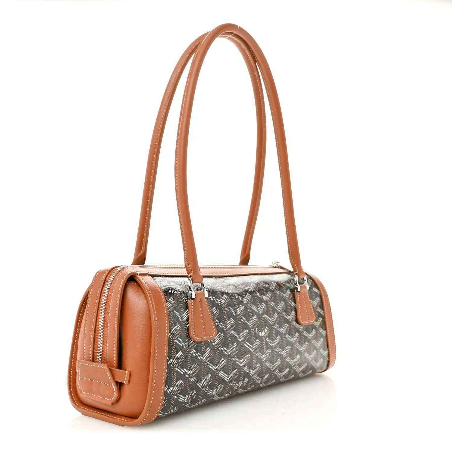 Bonbonnière bag in gray patterned coated canvas with tan leather top handles and side pocket
