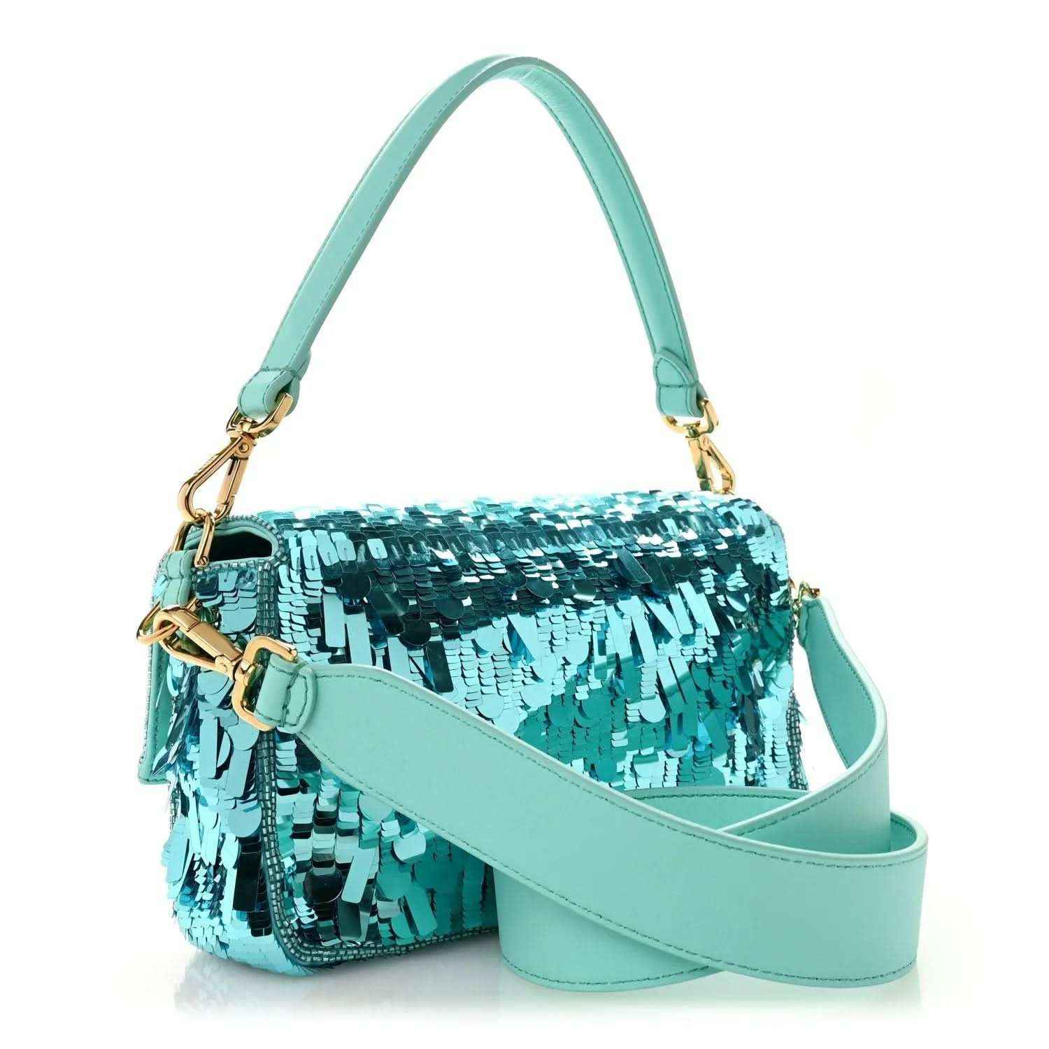 Turquoise sequin baguette bag with leather shoulder strap and gold-tone hardware