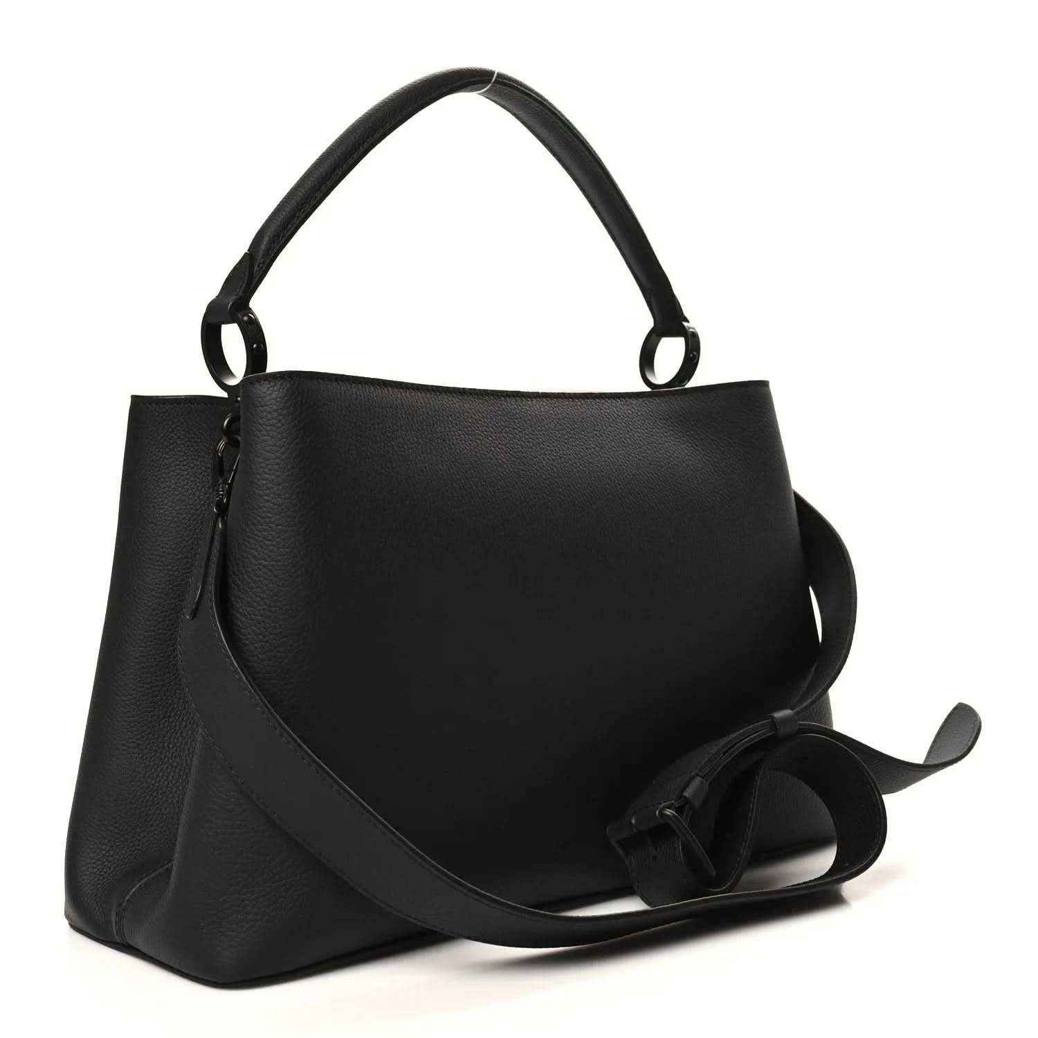 Black matte leather handbag with curved top handles, LV logo, and long strap