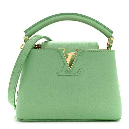 Louis Vuitton mini Capucines leather handbag, vert pomme green, top handle, LV logo