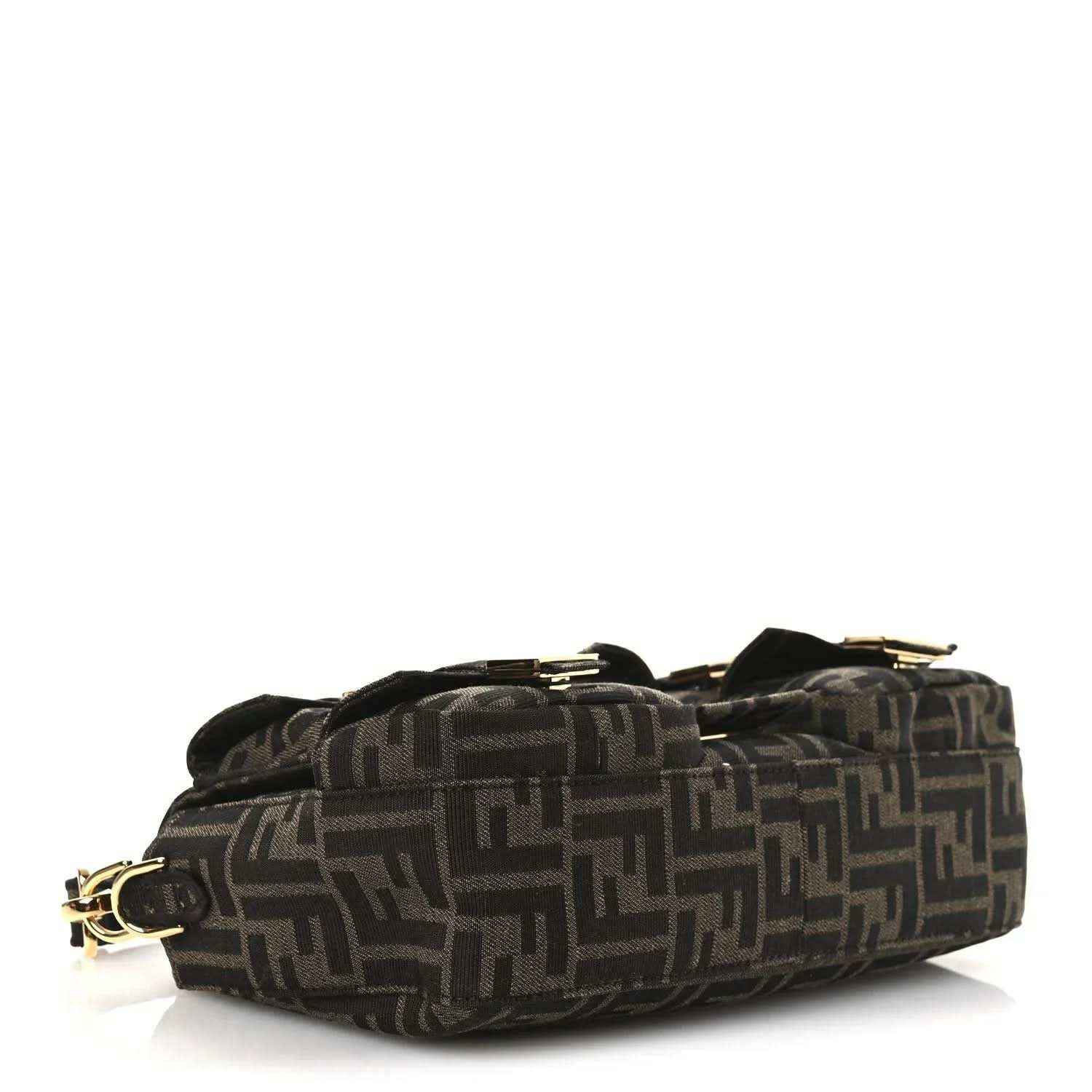 Fendi FF jacquard baguette bag back view, dark brown pattern with gold-tone details