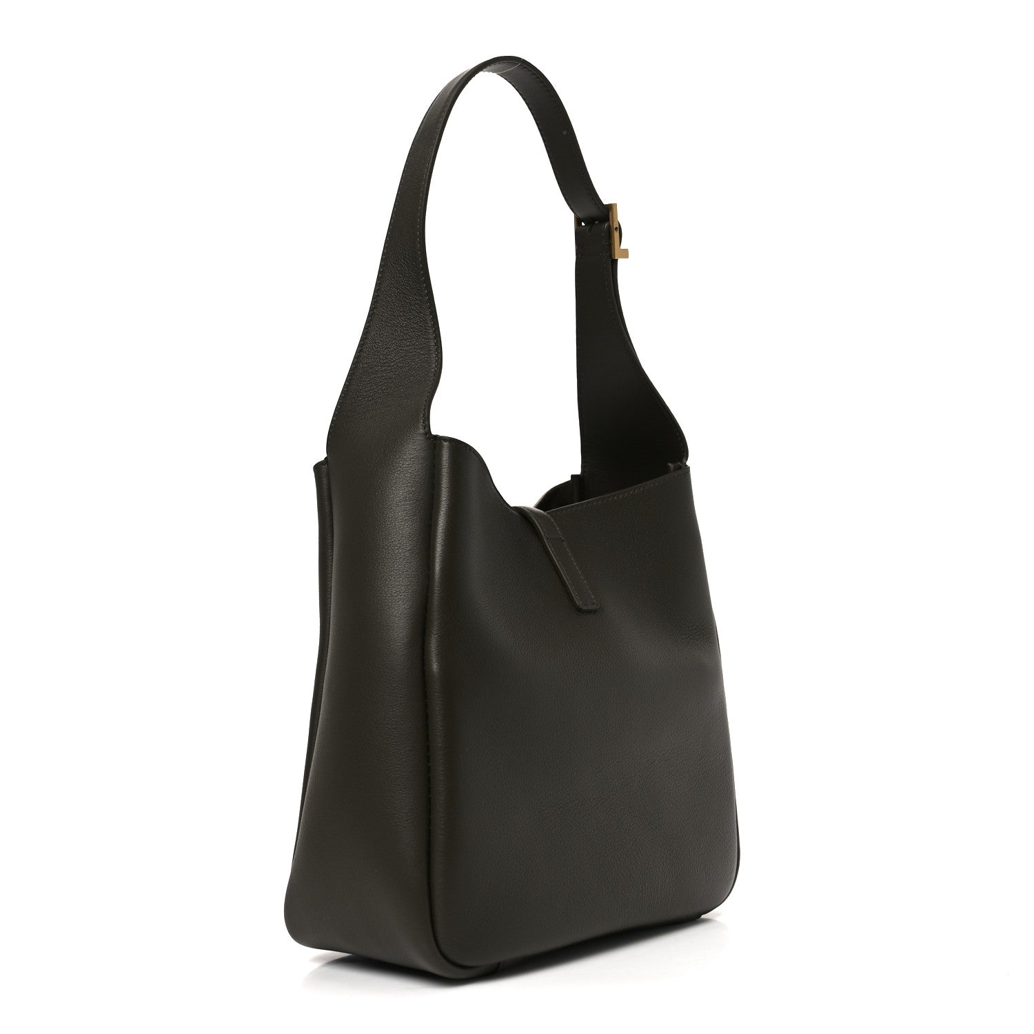 Saint Laurent Le 5 A 7 small hobo bag, dark leather, front pocket detail and top handle