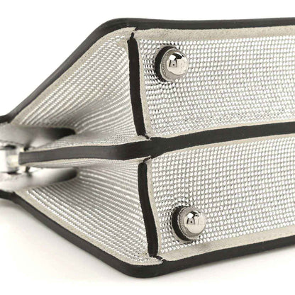 Petite Peekaboo satchel bag close-up of crystal front panels with metal logo emblems