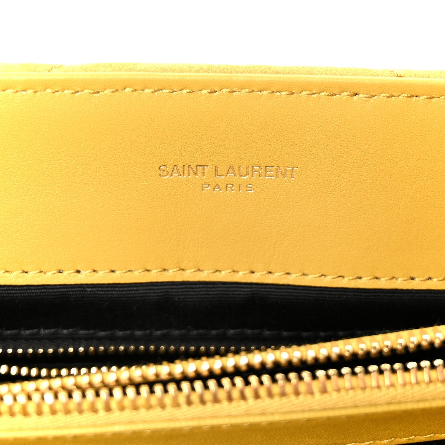 Chartreuse suede lining with “SAINT LAURENT PARIS” stamp and stitching