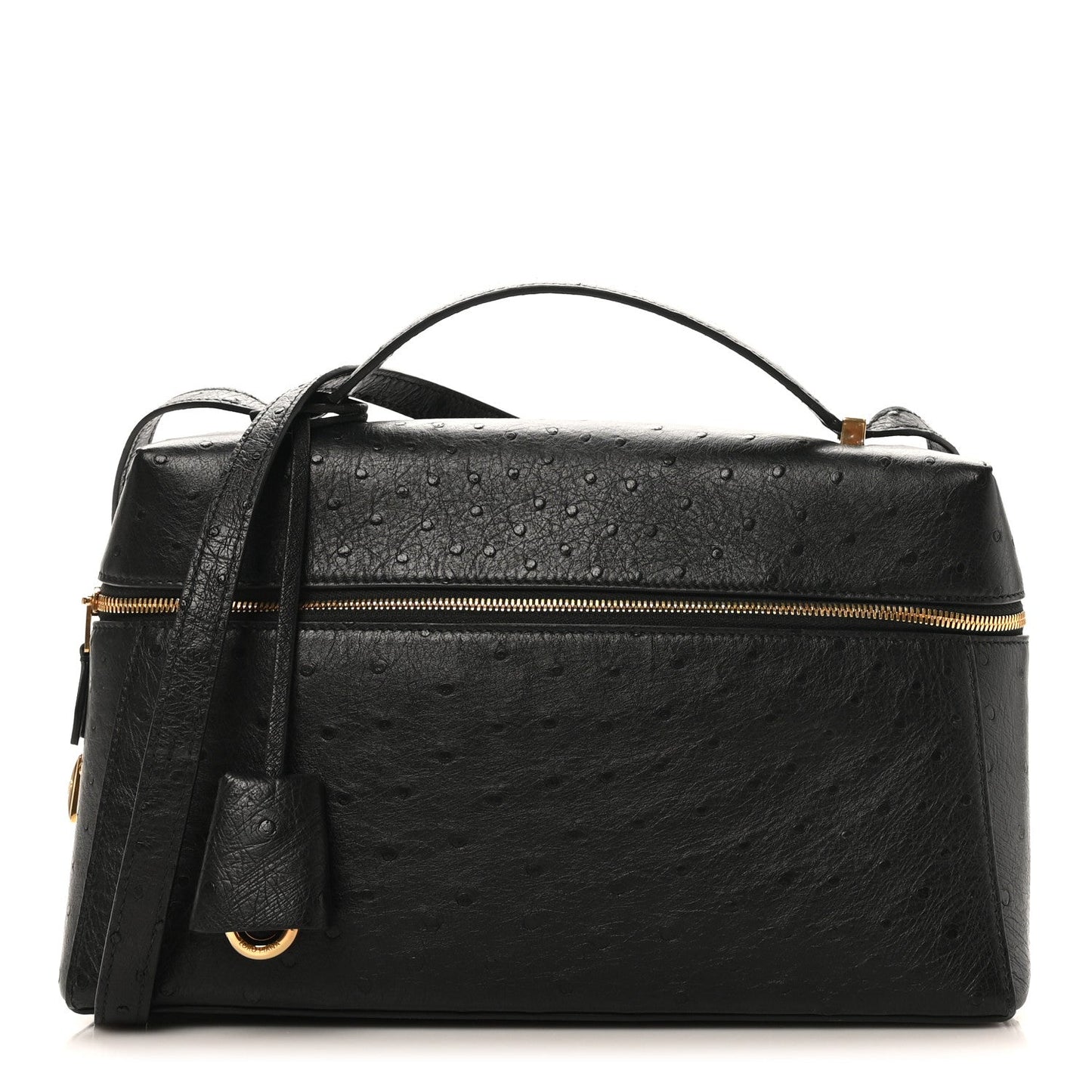 Black ostrich leather top-handle bag with front zipper and gold-tone hardware.