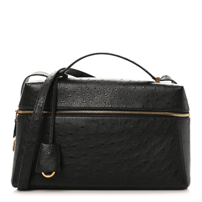 Black ostrich leather top-handle bag with front zipper and gold-tone hardware.