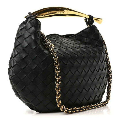 Bottega Veneta intrecciato hobo bag, black, with gold chain strap and knot details.