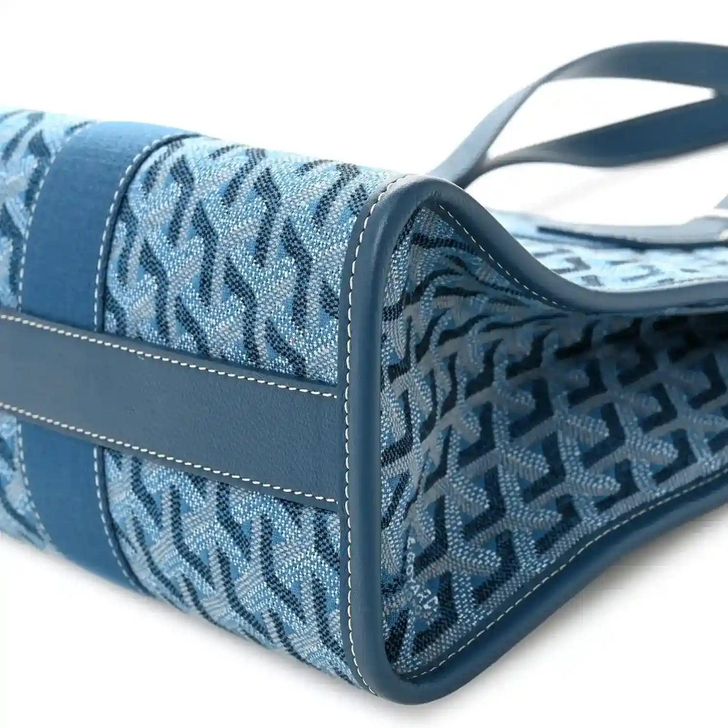 Ocean blue Villette PM tote end detail with leather trim, monogram pattern, and rolled edges.