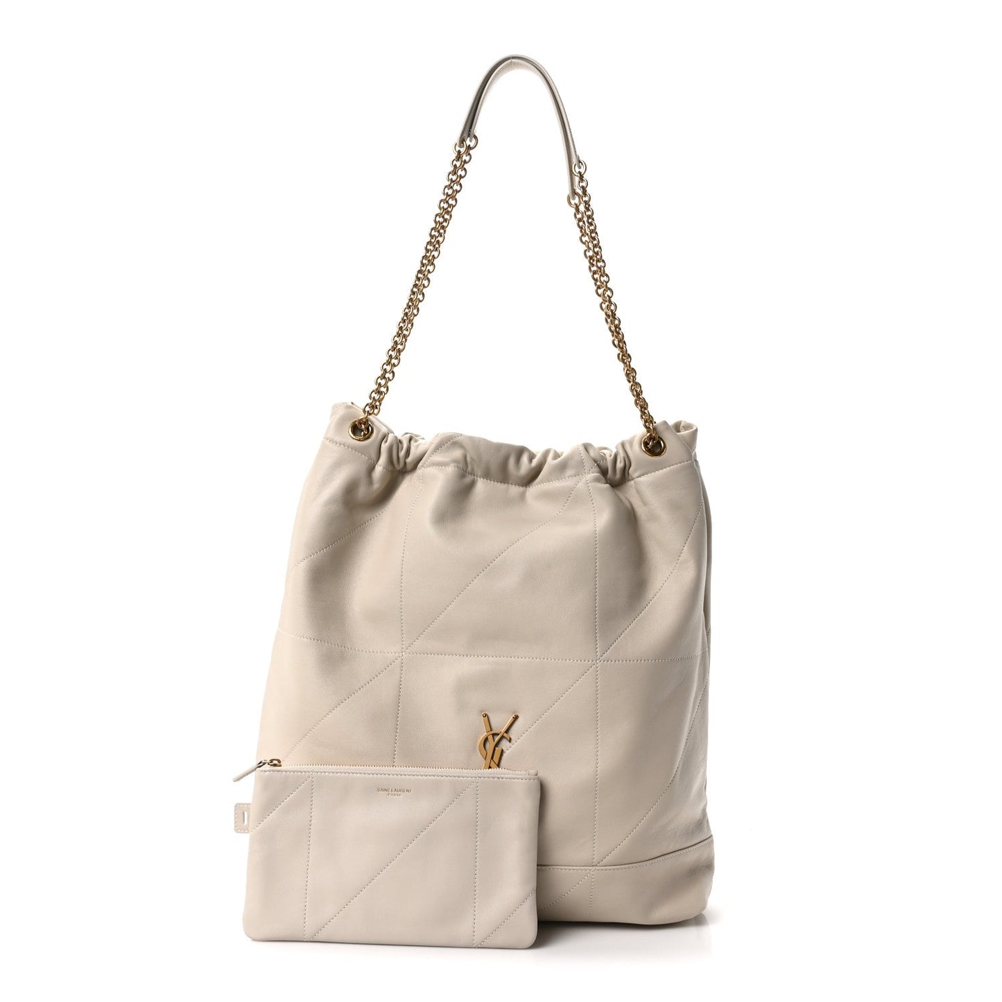 Cream lambskin tote bag with chain handles, YSL logo, and small matching pouch