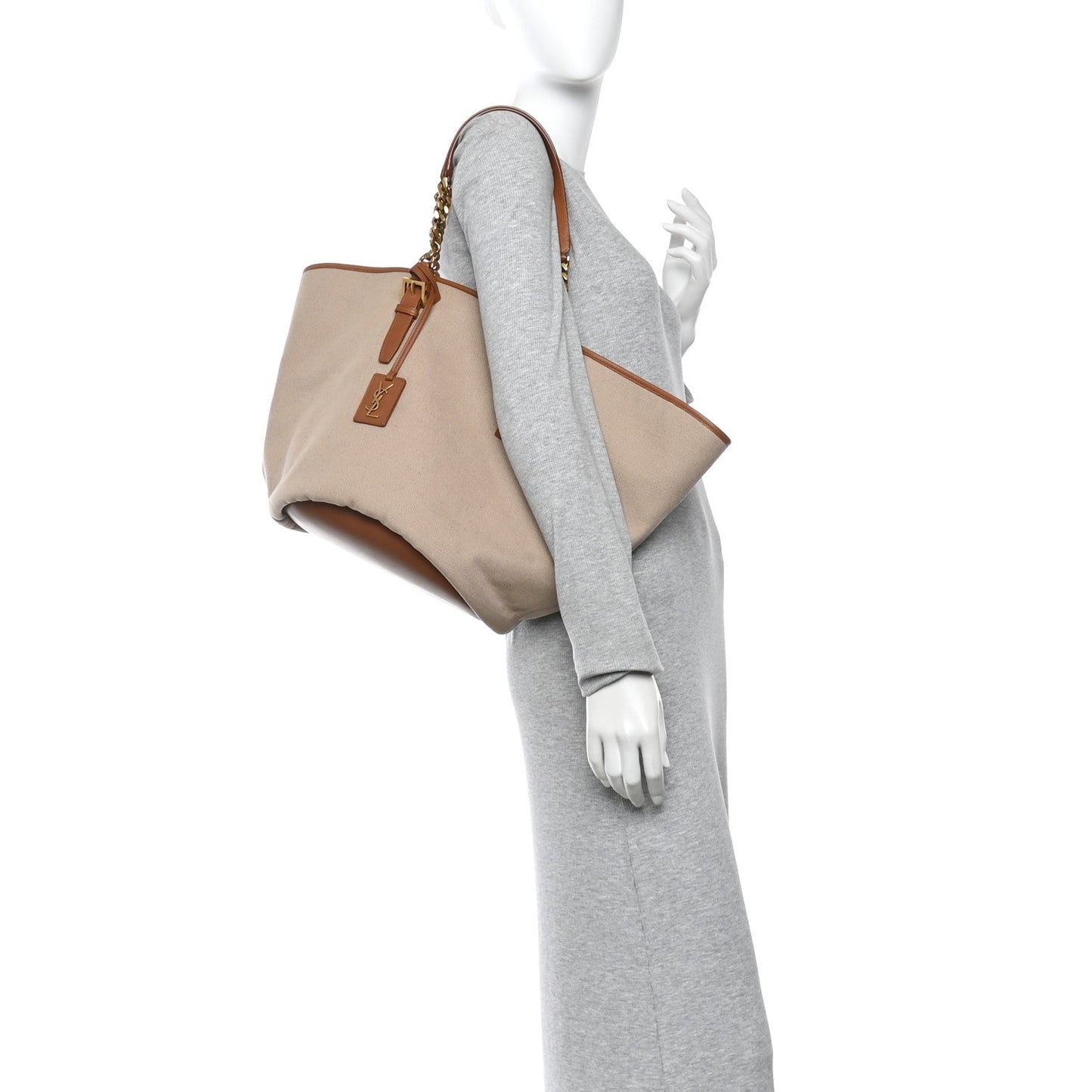 Desert dust canvas tote with brown leather trim and side profile