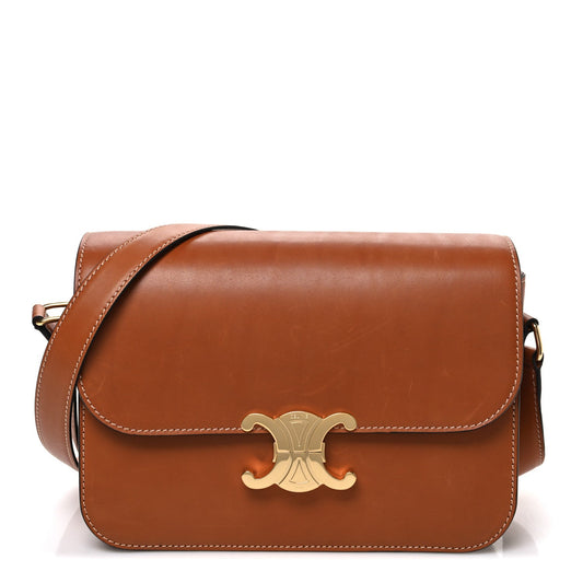 Tan Celine shoulder bag front with gold-tone logo clasp and structured flap.