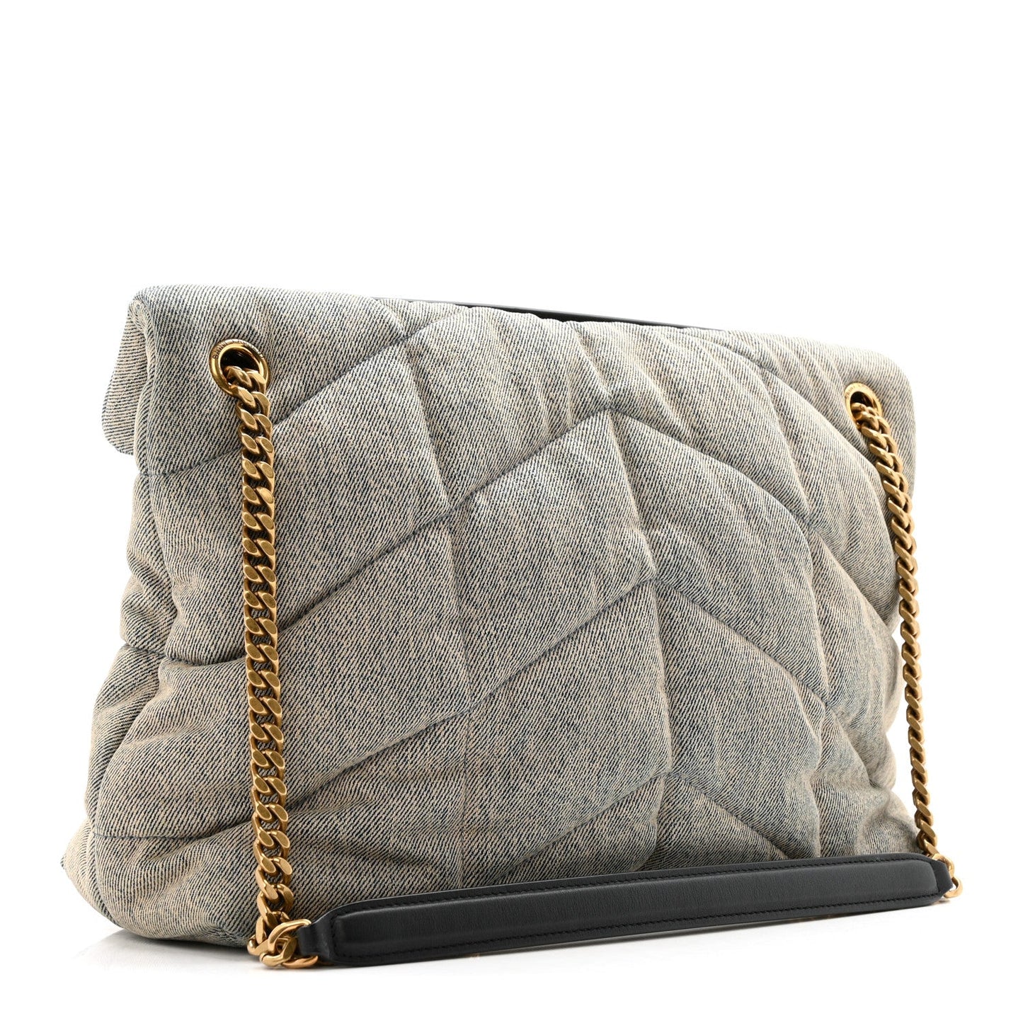 Quilted denim puffer satchel with gold chain strap and front flap