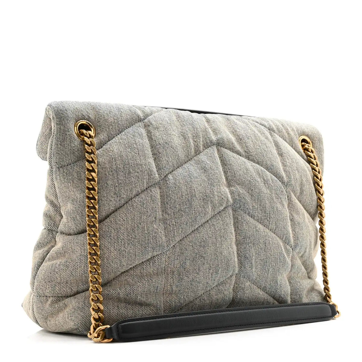 Quilted denim puffer satchel with gold chain strap and front flap