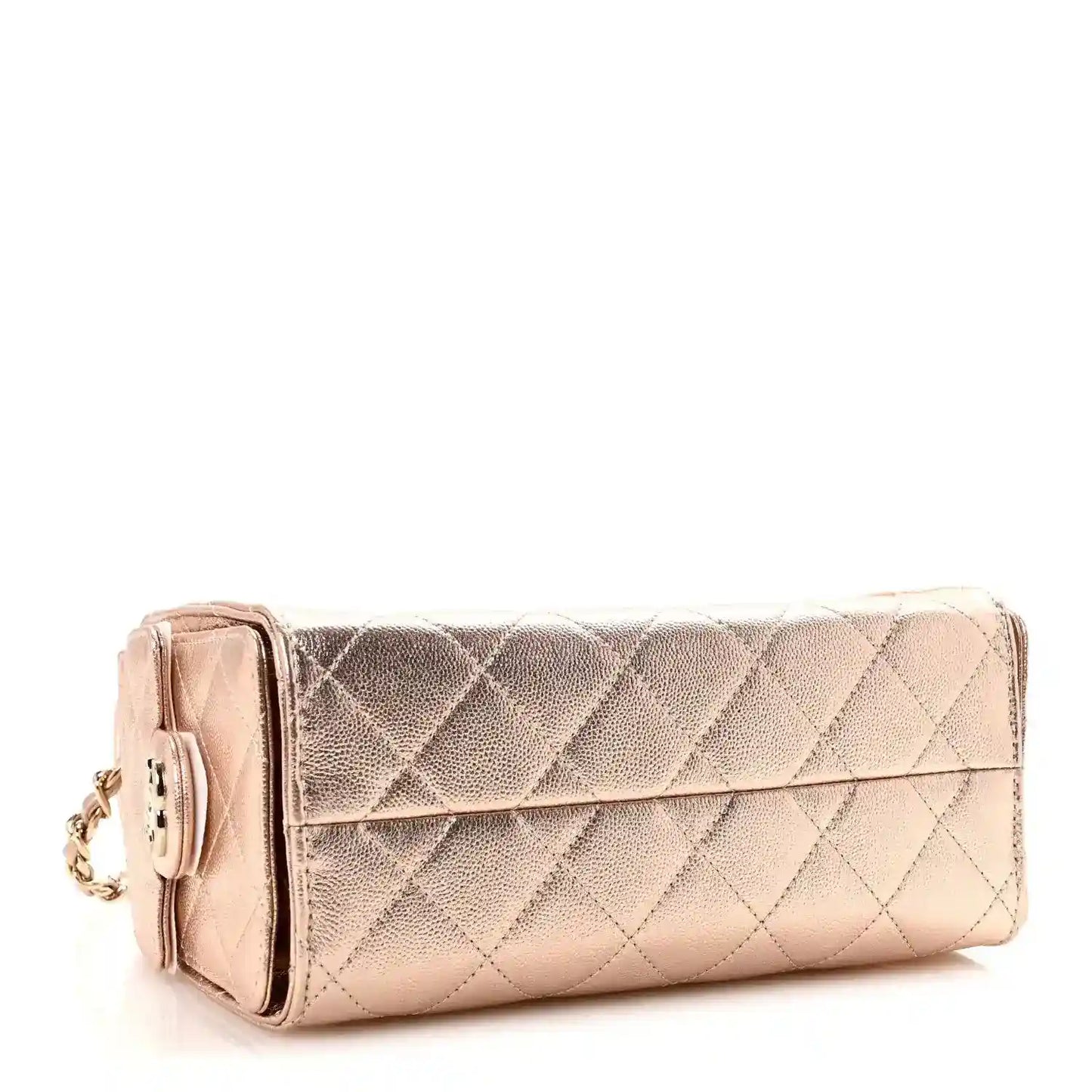 Copper metallic quilted mini handbag with flap front and gold-tone chain strap.