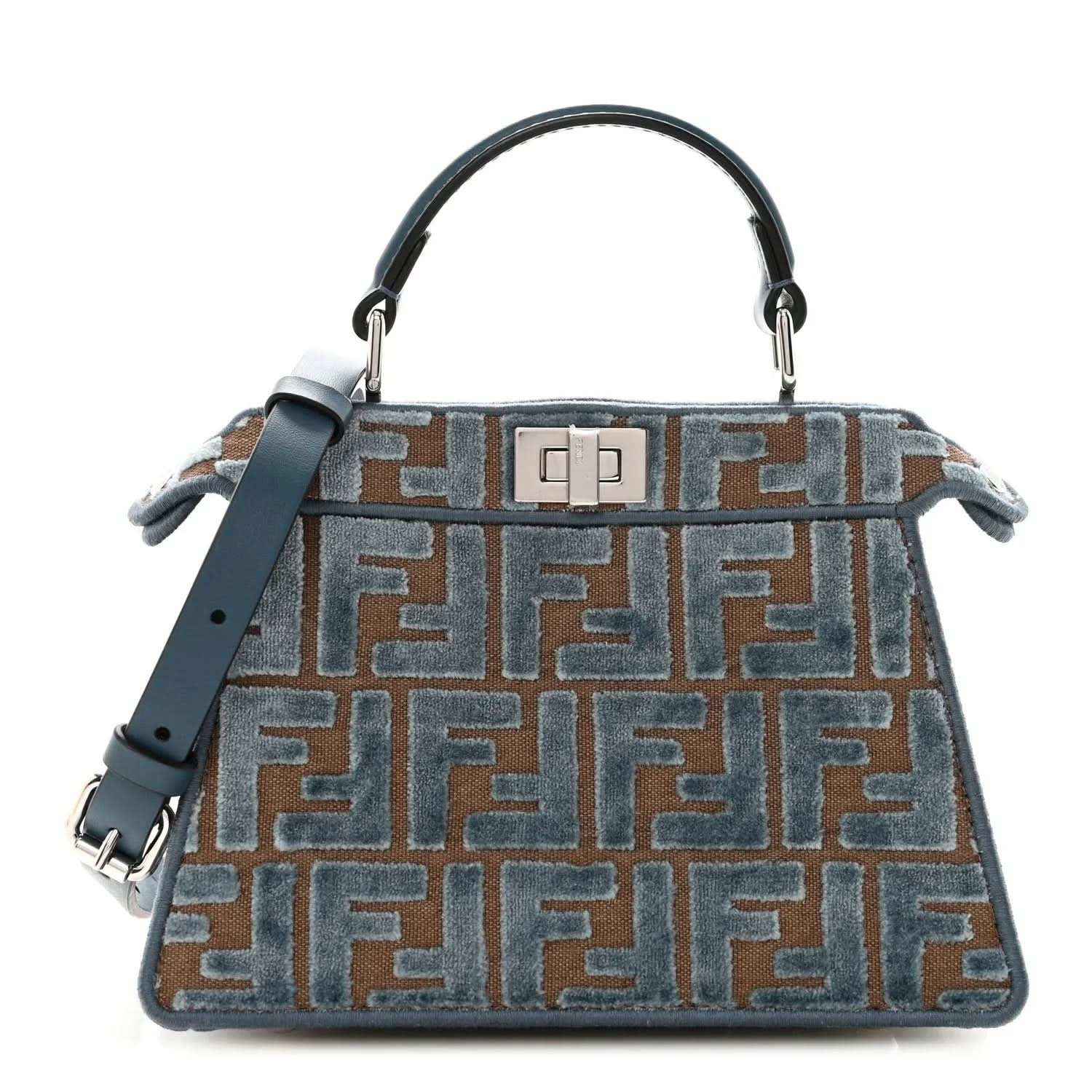 Small satchel with FF jacquard pattern, blue velvet and tan motif, navy leather handles