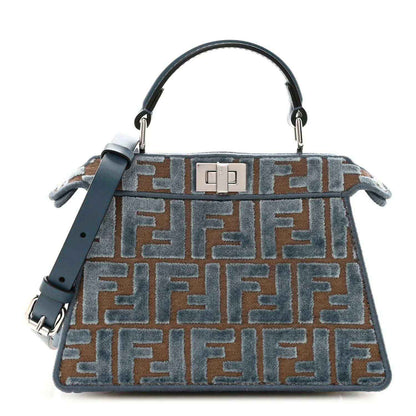 Small satchel with FF jacquard pattern, blue velvet and tan motif, navy leather handles