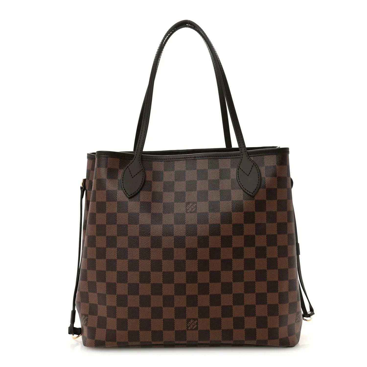 Damier Ebene tote bag with brown checker pattern and dark leather top handles