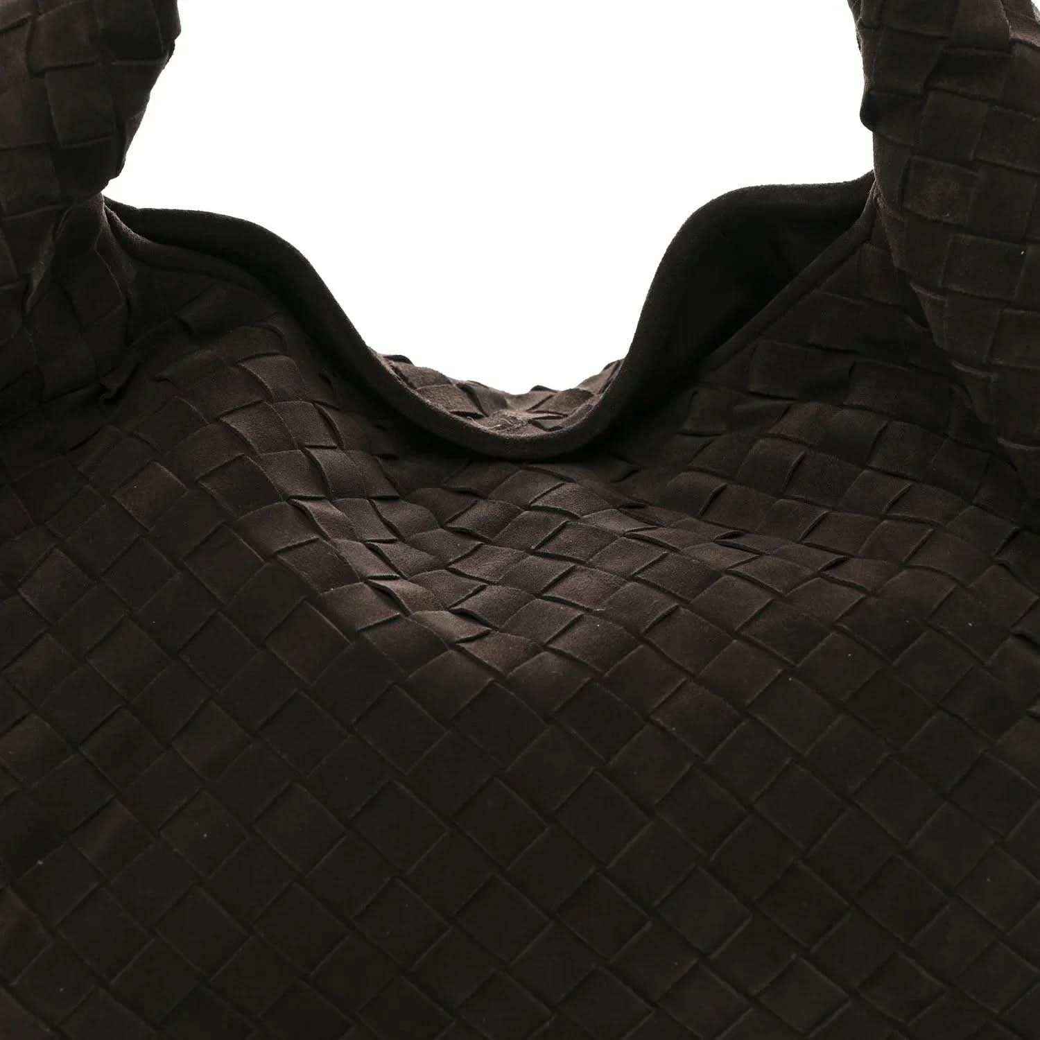 Suede intrecciato hobo bag close-up of woven texture, dark brown