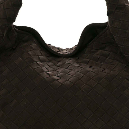 Suede intrecciato hobo bag close-up of woven texture, dark brown