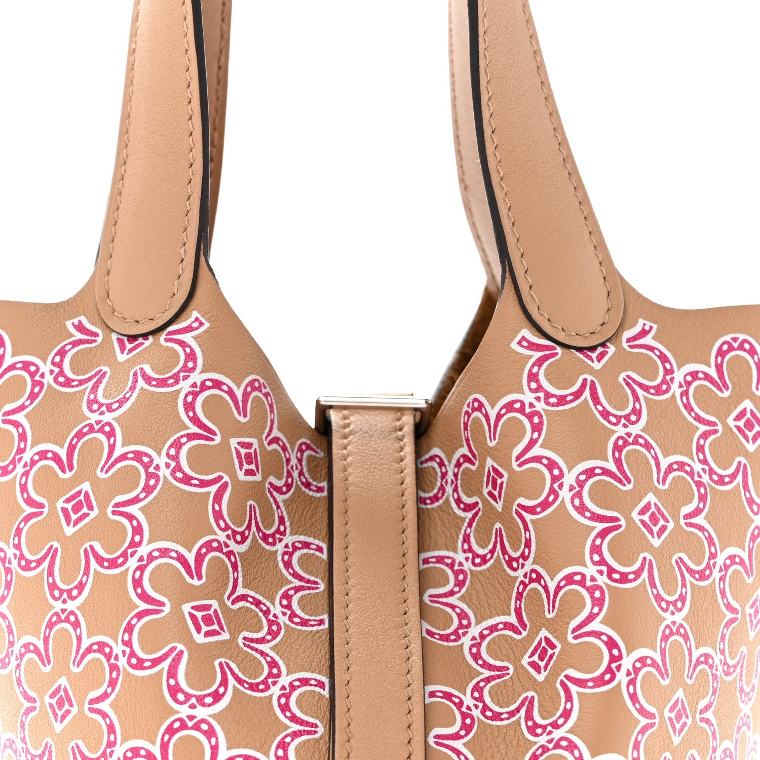 Micro tote bag top view, magenta floral body with tan handles and lock bar