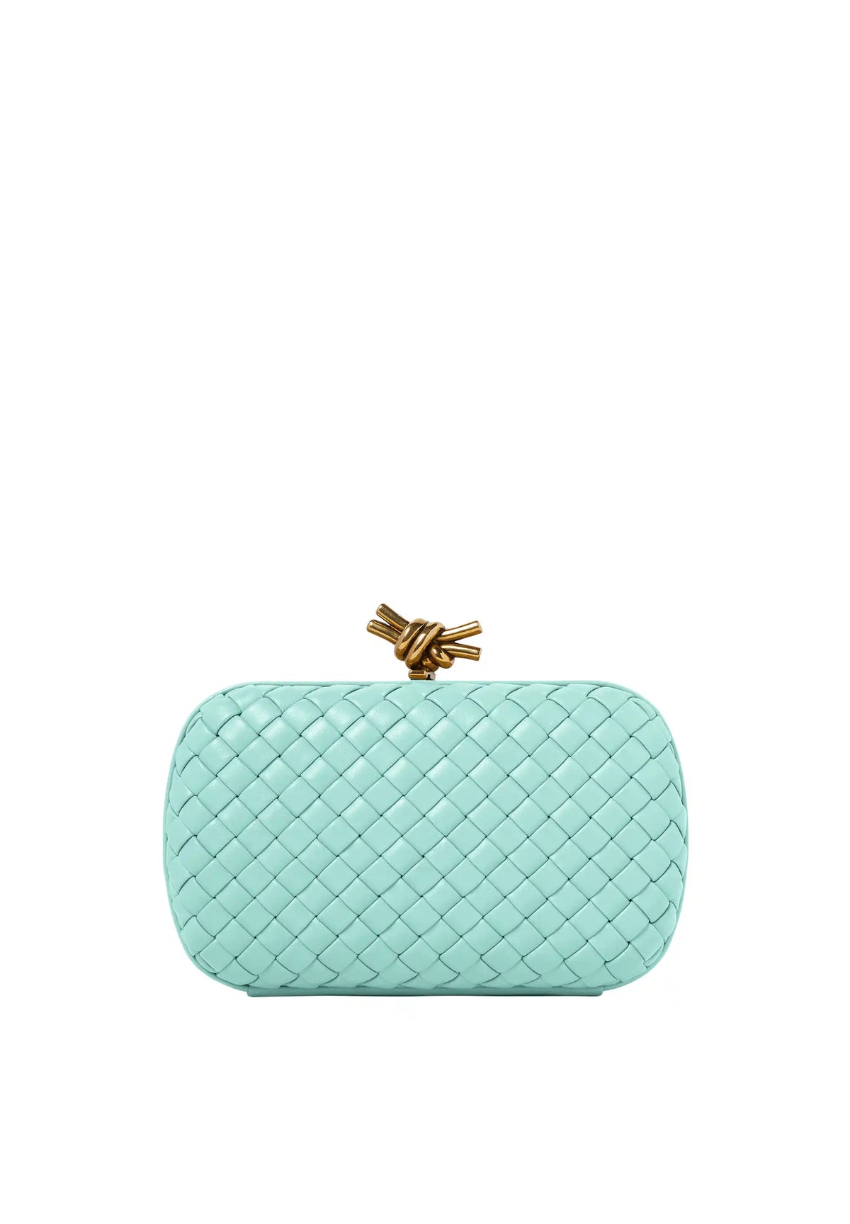 Bottega Veneta knot evening clutch in teal lambskin, woven weave, gold bow clasp