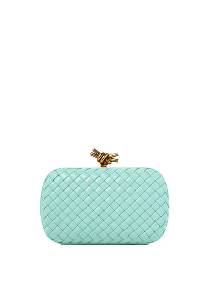 Bottega Veneta knot evening clutch in teal lambskin, woven weave, gold bow clasp