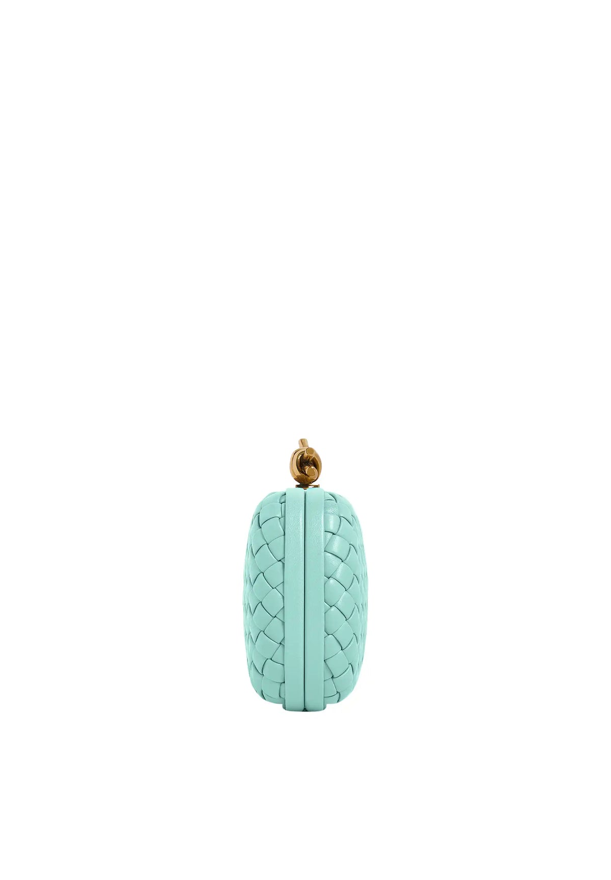 Bottega Veneta knot evening clutch, teal lambskin back view with gold-tone ring clasp