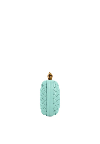 Bottega Veneta knot evening clutch, teal lambskin back view with gold-tone ring clasp