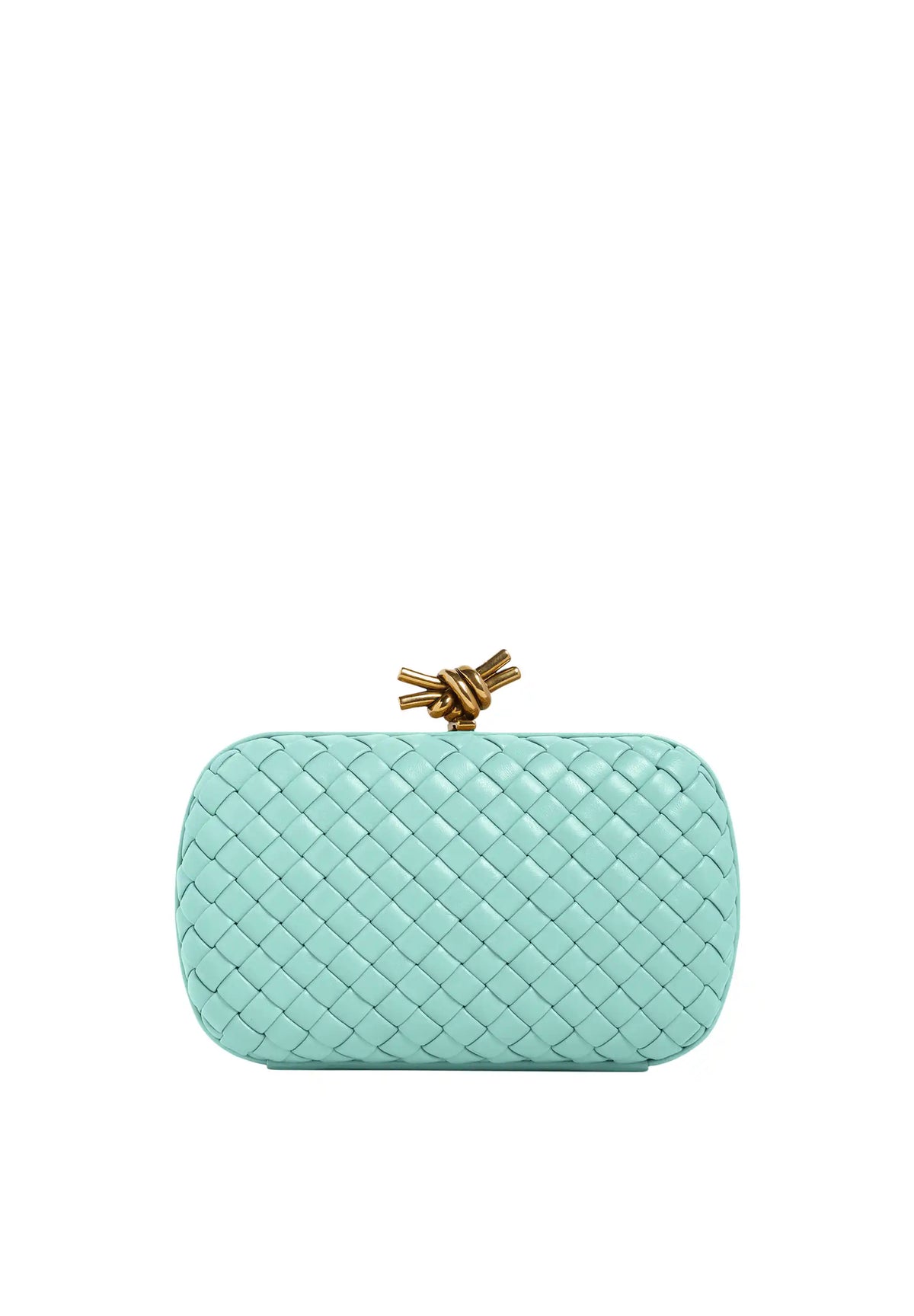 Bottega Veneta knot evening clutch in teal lambskin, woven texture, gold bow clasp