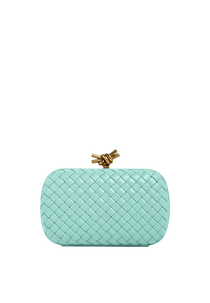 Bottega Veneta knot evening clutch in teal lambskin, woven texture, gold bow clasp