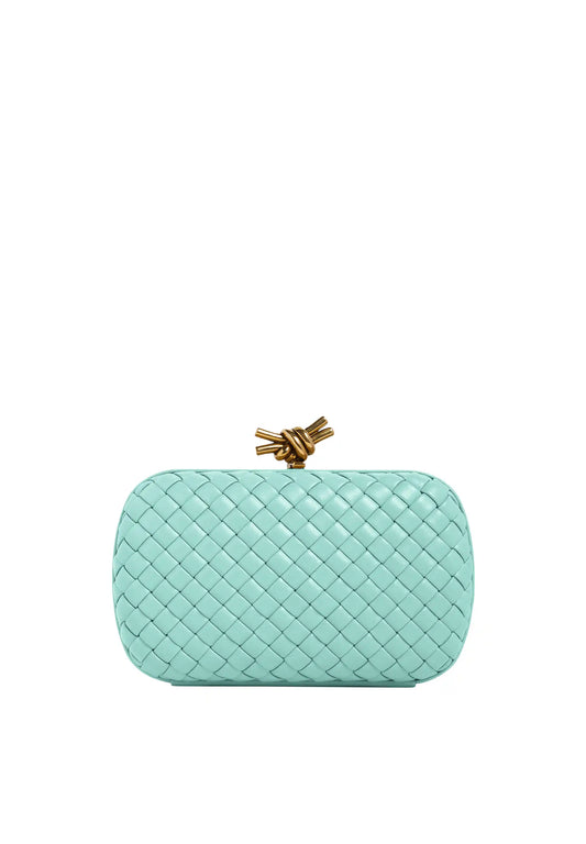 Bottega Veneta knot evening clutch in teal lambskin, woven texture, gold bow clasp