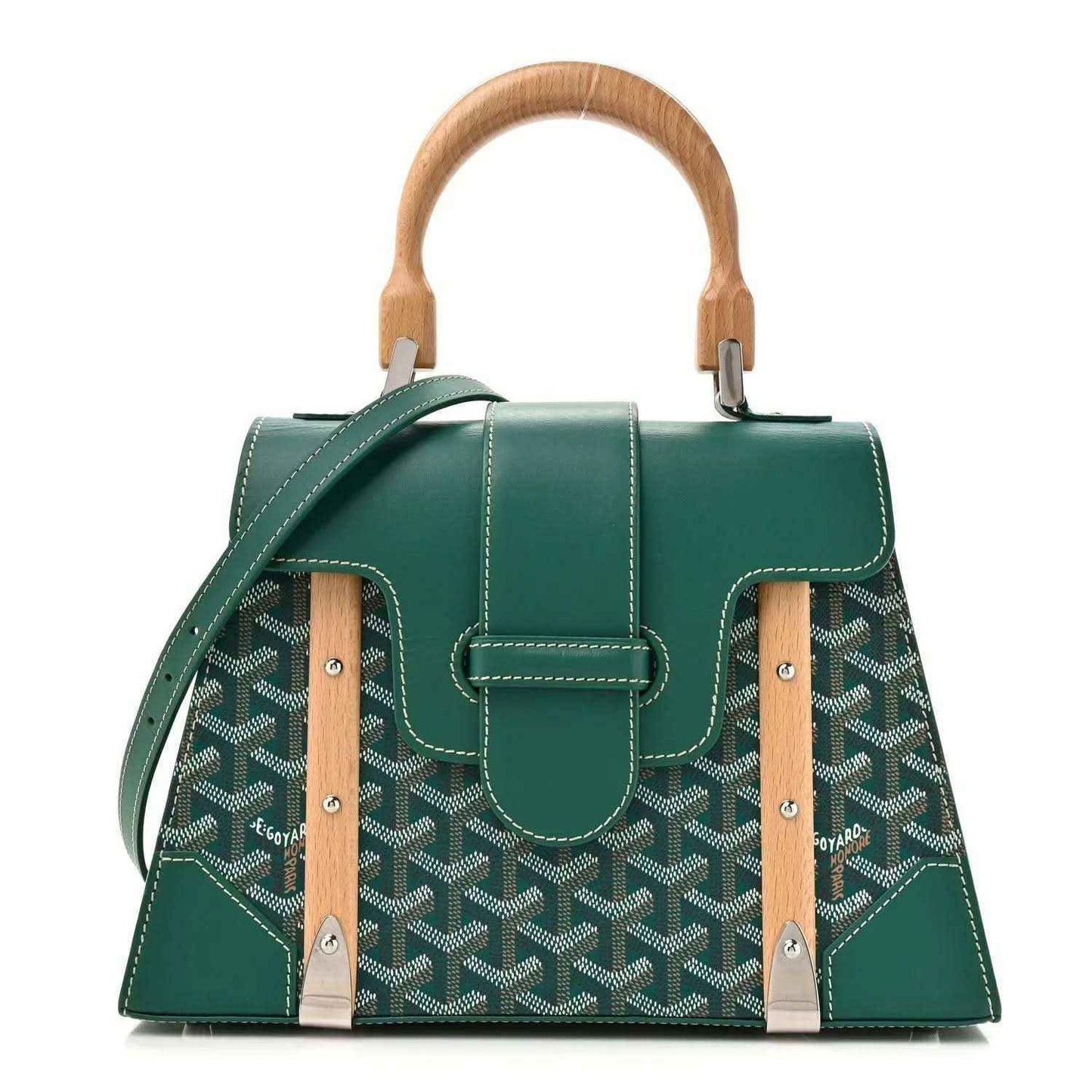 Goyard Saigon PM green canvas top-handle bag with wooden handles and front flap