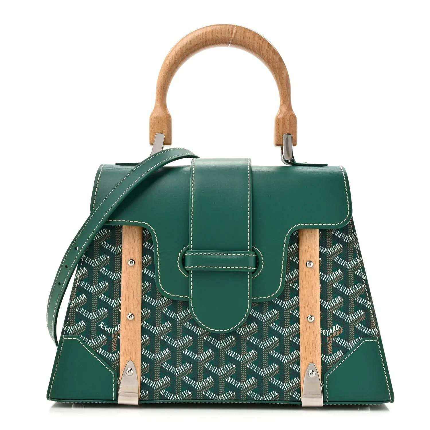 Goyard Saigon PM green canvas top-handle bag with wooden handles and front flap