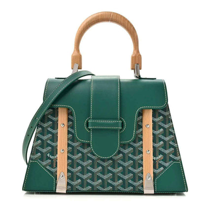 Goyard Saigon PM green canvas top-handle bag with wooden handles and front flap