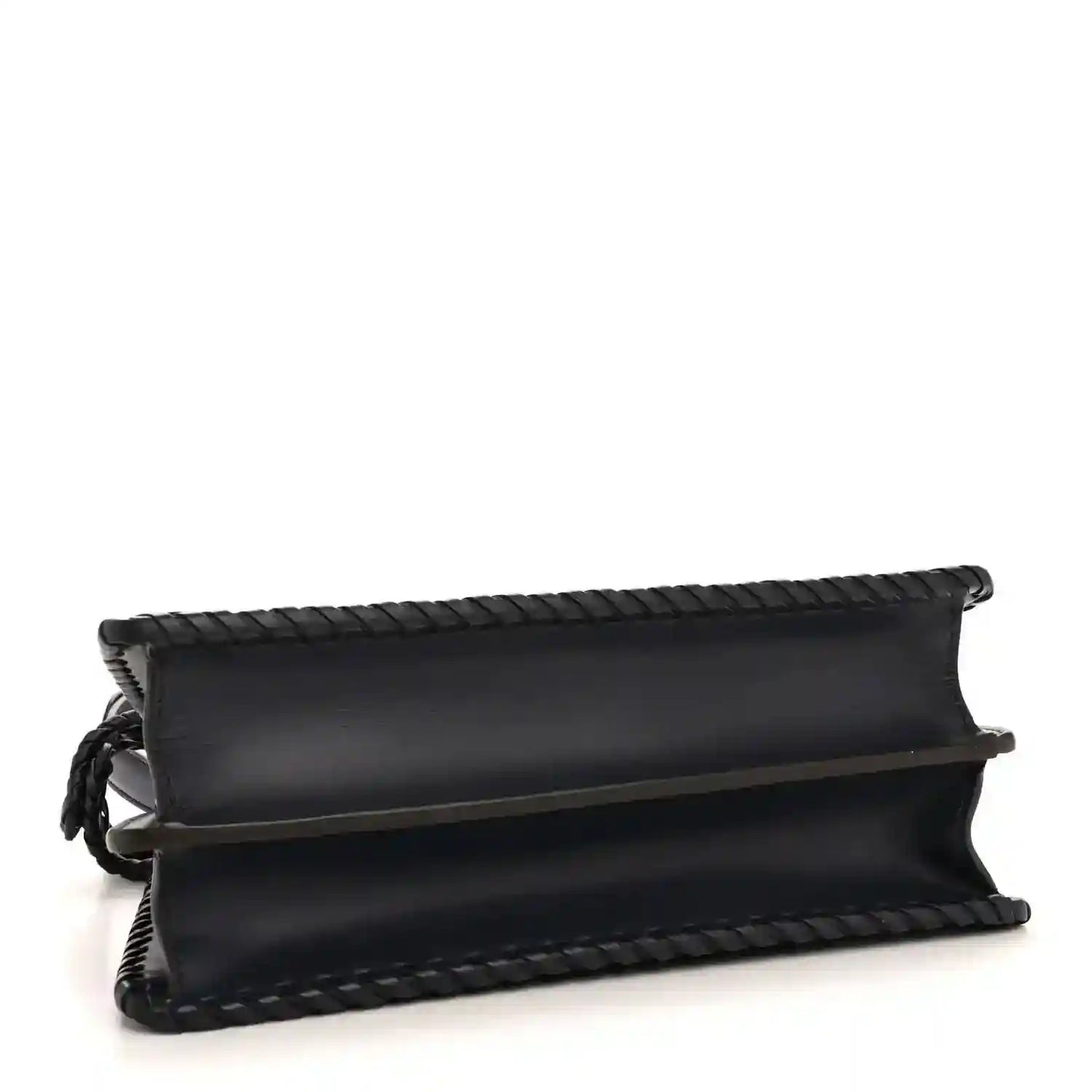 Nappa satchel with top flap, woven edge trim, and dark blue leather