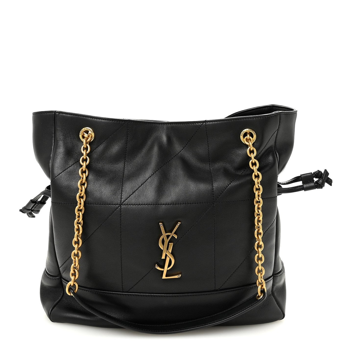 Black quilted lambskin small shopping tote with YSL emblem and gold chain handles.