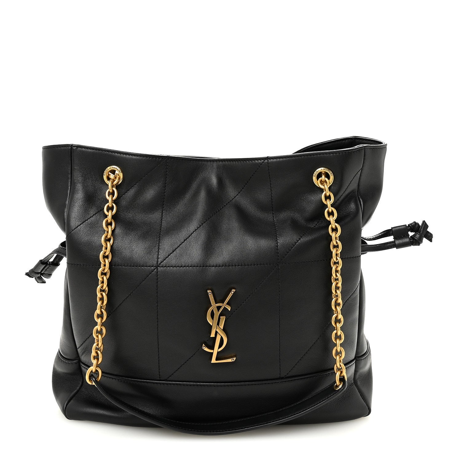 Black quilted lambskin small shopping tote with YSL emblem and gold chain handles.