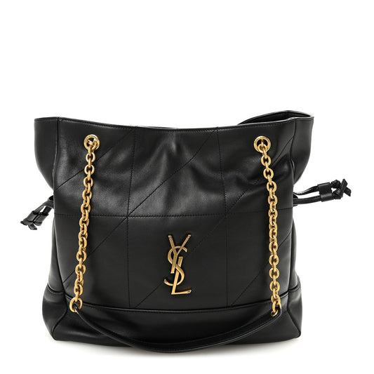 Black quilted lambskin small shopping tote with YSL emblem and gold chain handles.
