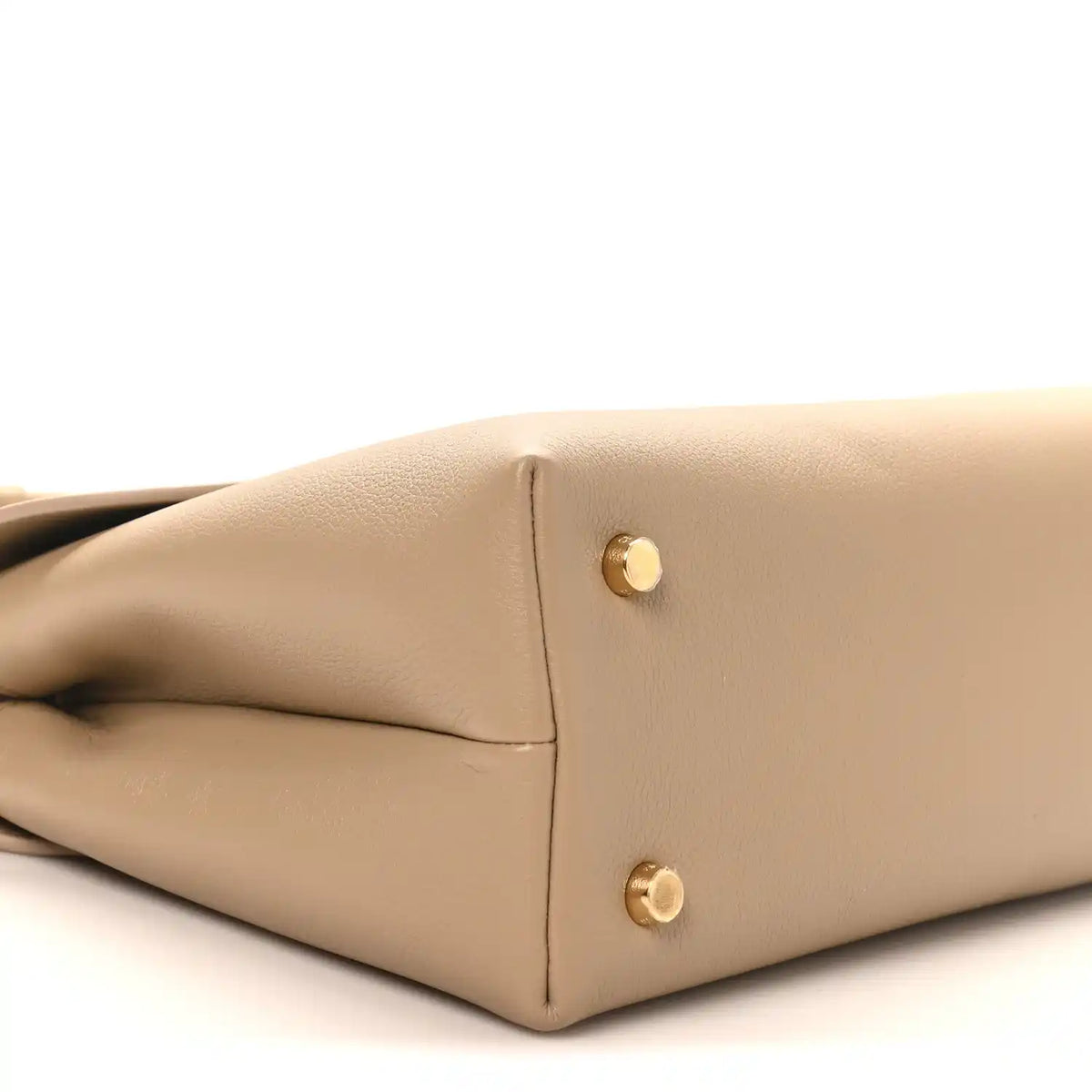 Beige Nino safari bag front seam with gold button hardware