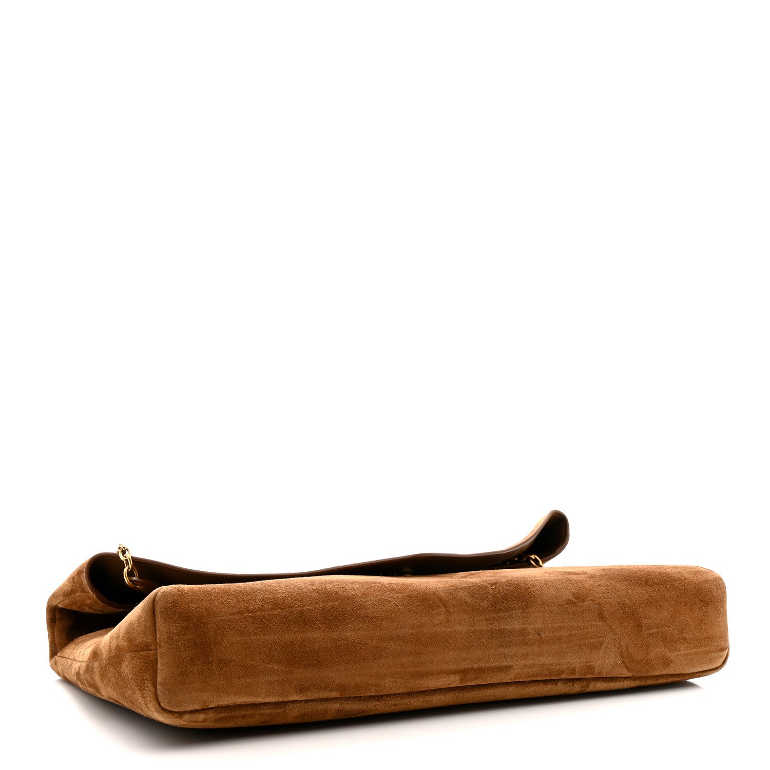 Caramel suede pouch on chain bag with top flap and gold chain strap loop