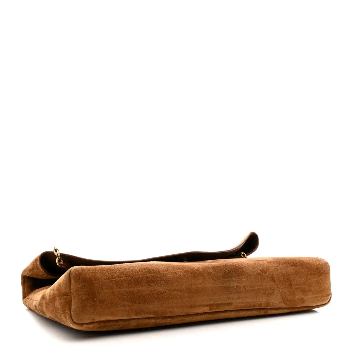 Caramel suede pouch on chain bag with top flap and gold chain strap loop