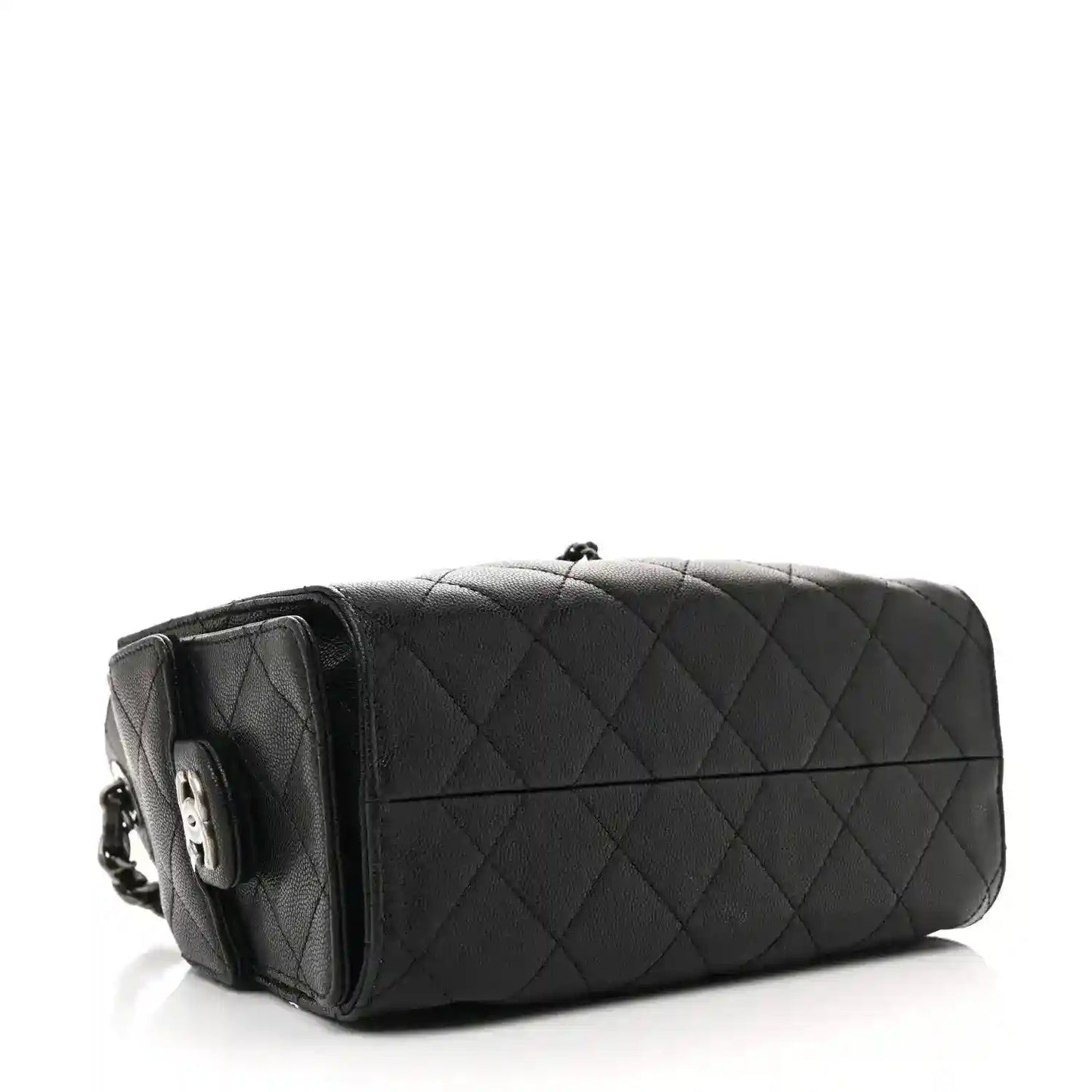 Black quilted mini shoulder bag with chain strap and structured top, side view.