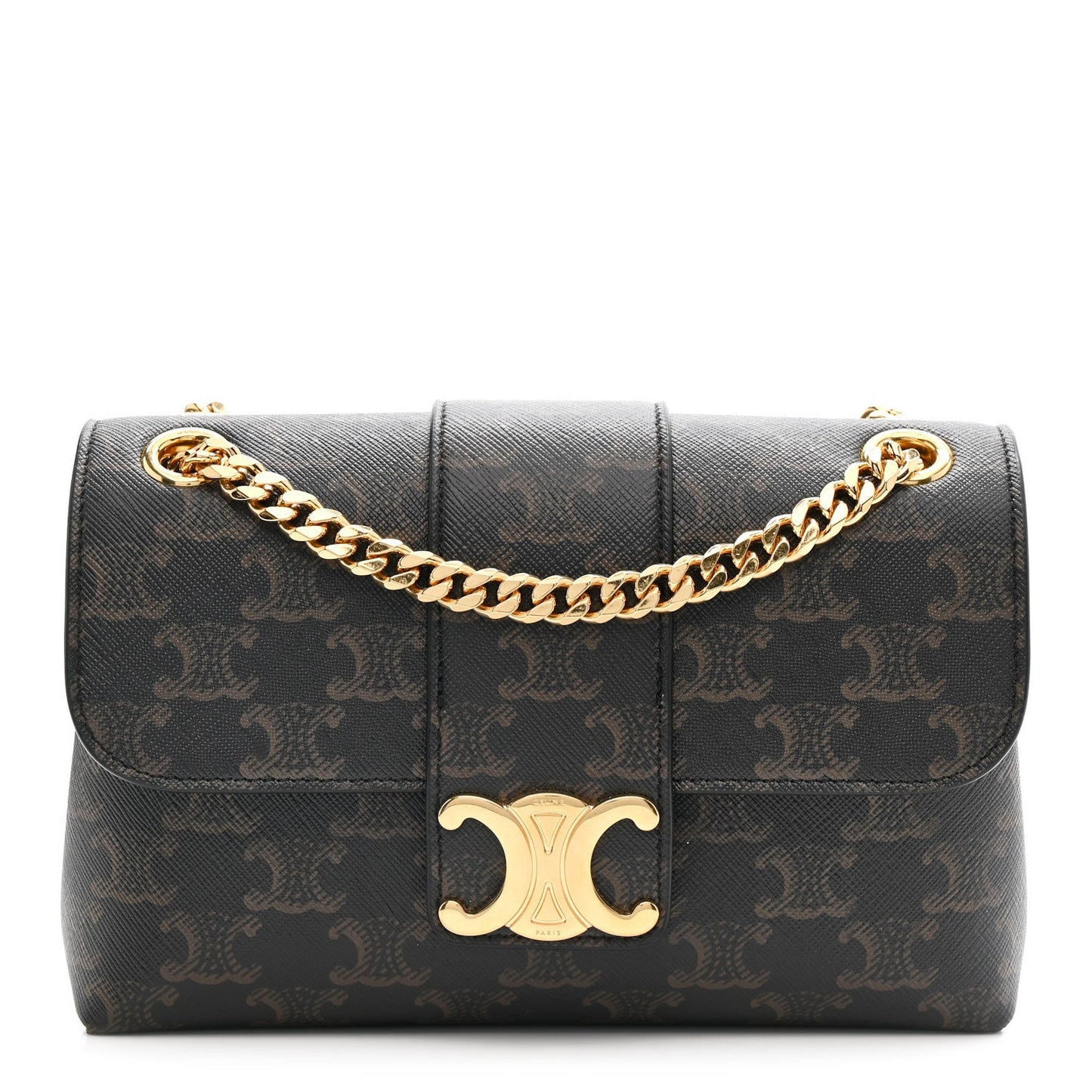 Celine Triomphe shoulder bag with gold chain and front CD clasp, dark brown canvas