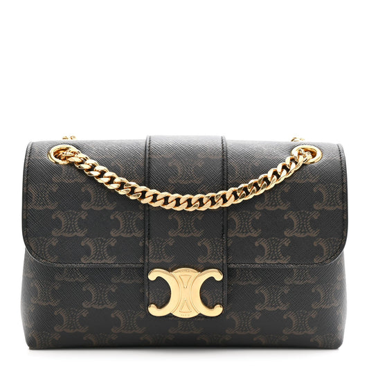 Celine Triomphe shoulder bag with gold chain and front CD clasp, dark brown canvas