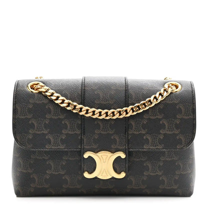 Celine Triomphe shoulder bag with gold chain and front CD clasp, dark brown canvas