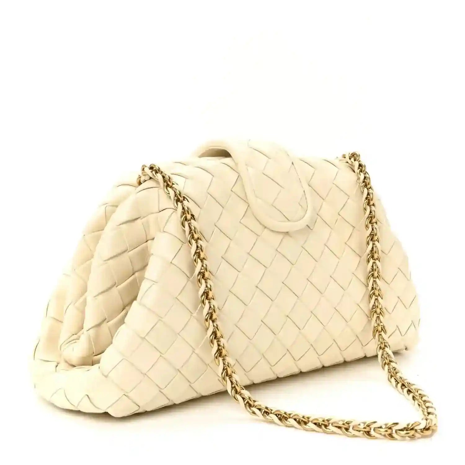 White leather intrecciato shoulder clutch with gold-tone chain and curved flap