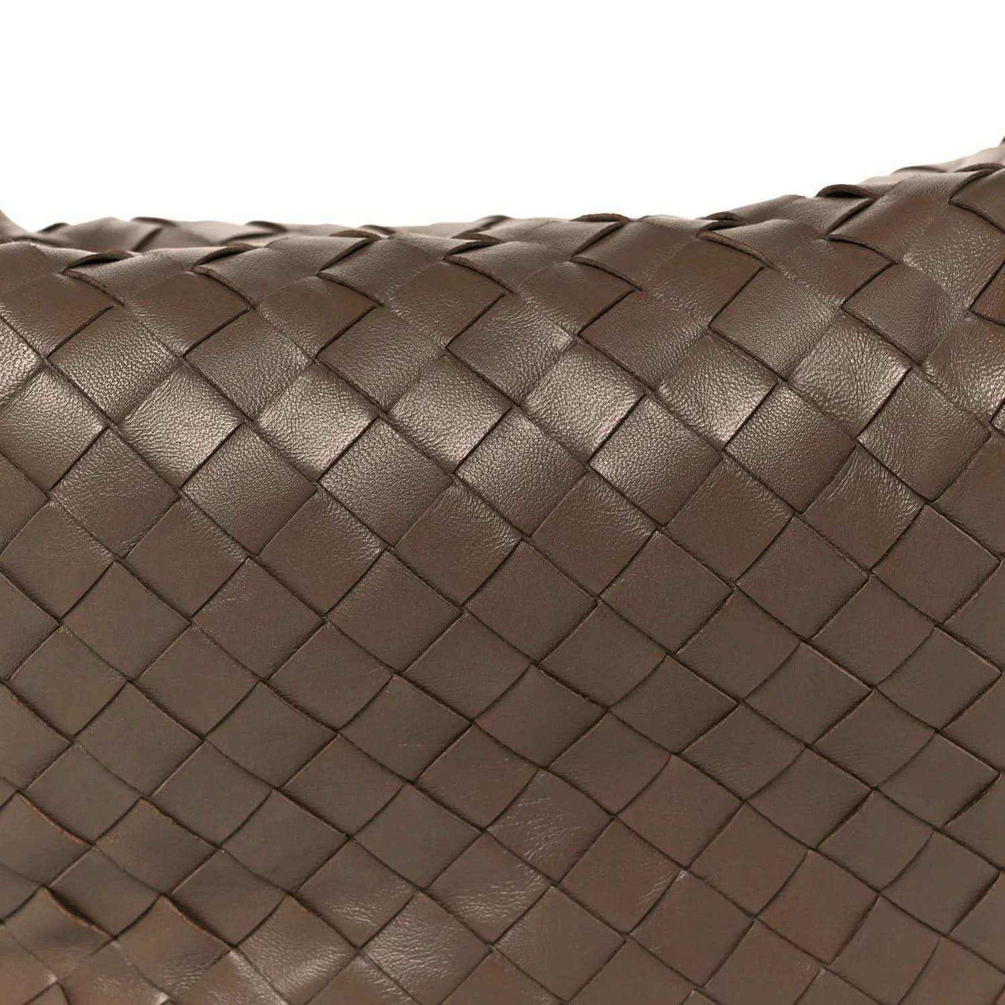 Taupe Intrecciato woven leather hobo bag exterior close-up, braided square pattern