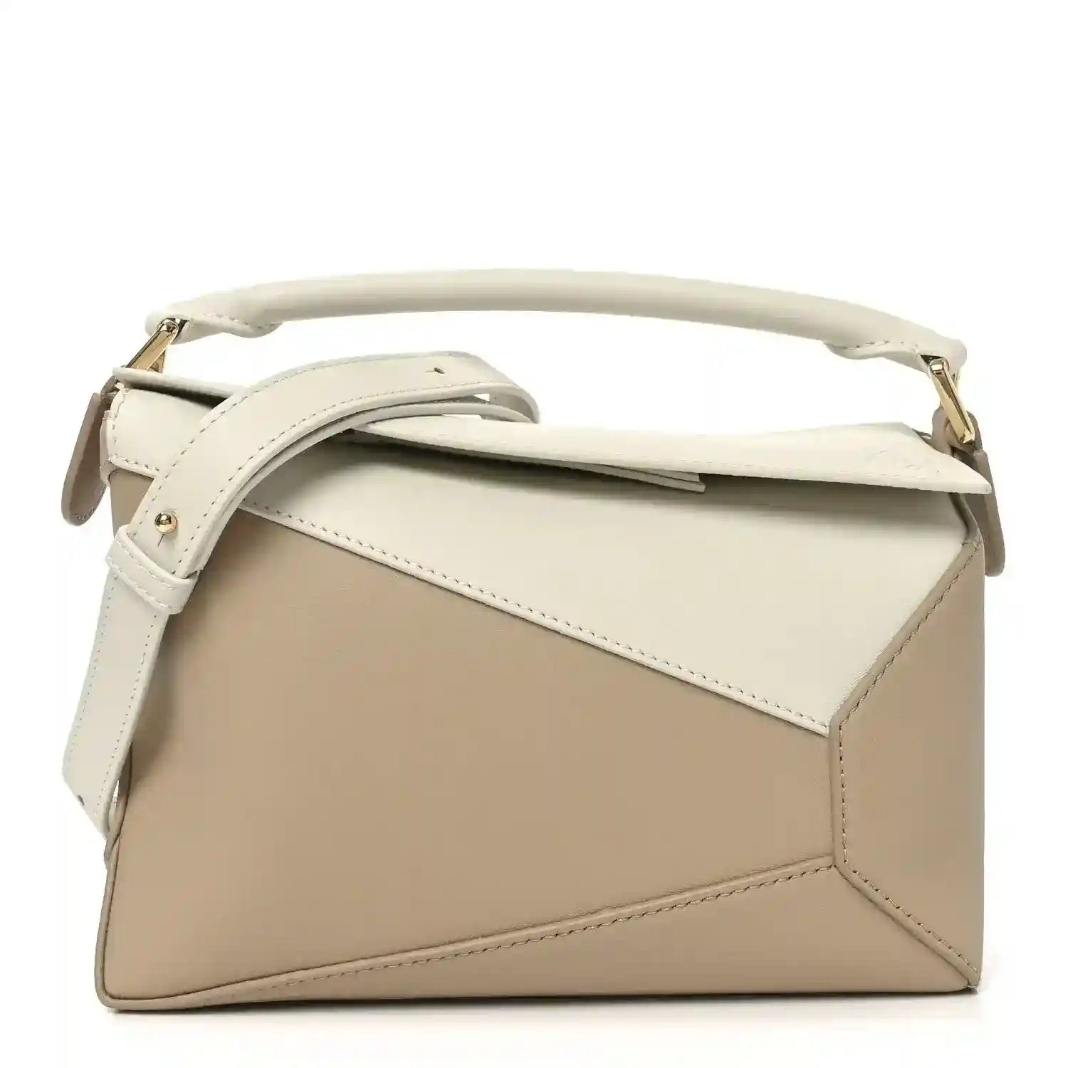 Small Puzzle edge bag in soft white and beige calfskin, top handle, gold hardware