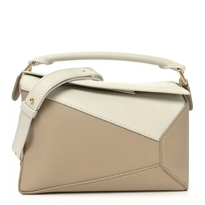 Small Puzzle edge bag in soft white and beige calfskin, top handle, gold hardware